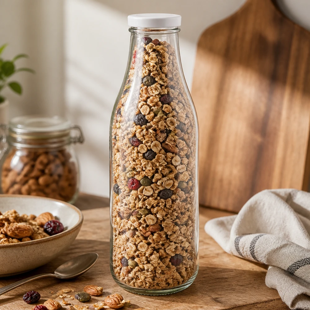 Botella de vidrio de 1000 ml + tapa BasicSeal blanca UNiTWIST Botella de cristal de 1000 ml con tapa BasicSeal blanca rellena de muesli granola frutos secos almacenamiento