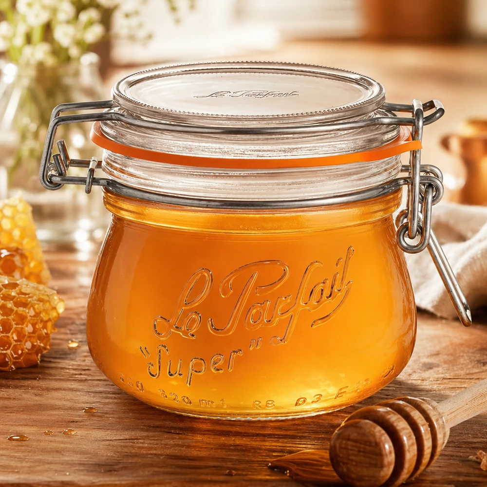 Bote Le Parfait® 250 ml Ø70 mm conserva Tarro Le Parfait Super de 250 ml con tapa abatible lleno de miel sobre tabla de madera con cuchara para miel