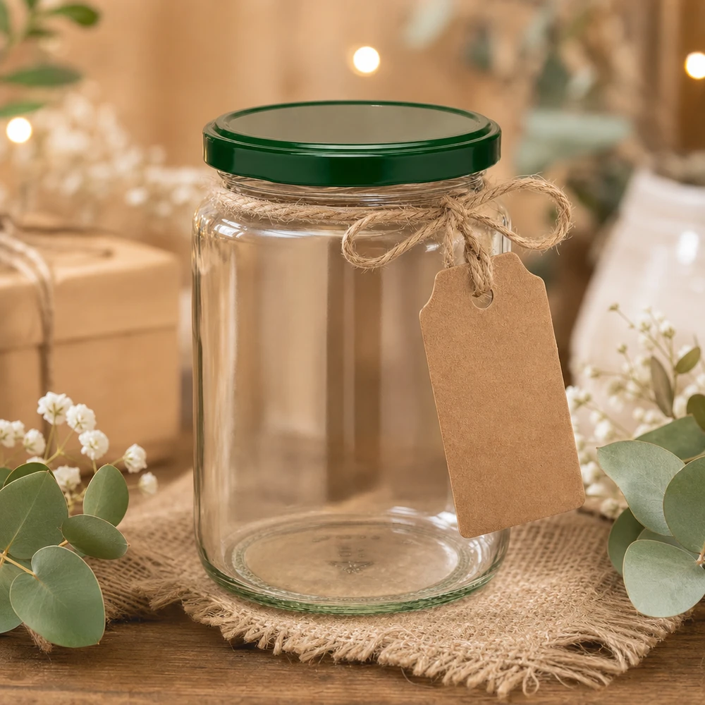 Tarro redondo UNiTWIST de 795 ml con tapa verde, etiqueta de papel kraft y cordón de yute - embalaje de regalo rústico