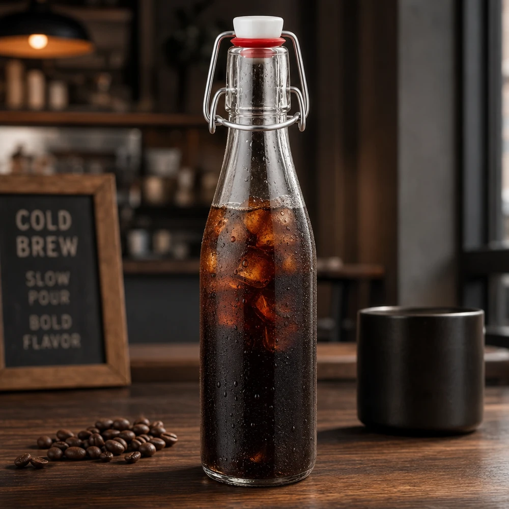 Botella de vidrio de 250ml + tapa oscilante de porcelana UNiTWIST 250ml Glasflasche mit Bügelverschluss für Cold Brew Kaffee, edle Vintage-Optik mit Kaffeebohnen und schwarzer Tasse