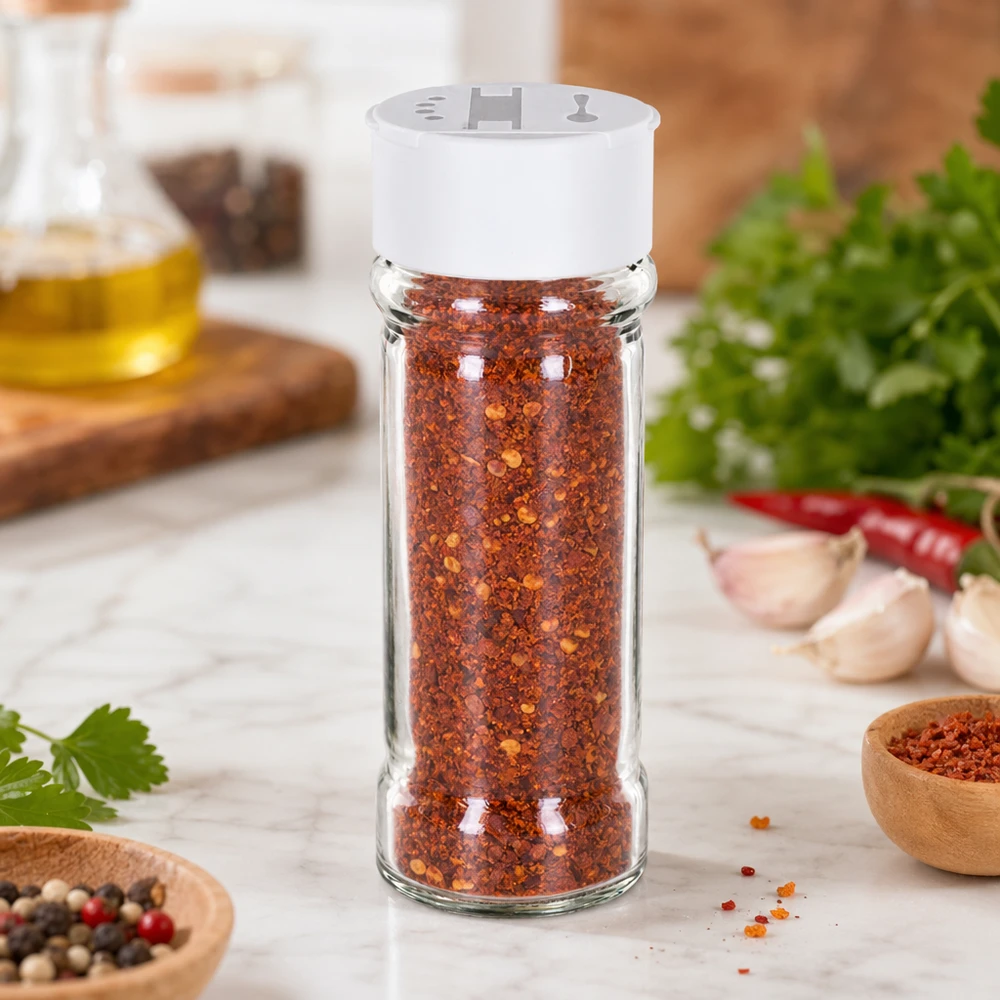 Frasco para especias de 100 ml lleno de copos de chile, con tapa blanca de doble dosificador y sobre una base de mármol