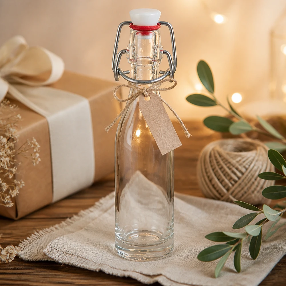 Botella decorativa de cristal de 50 ml con tapón oscilante y cinta marrón en una escena de ambiente natural