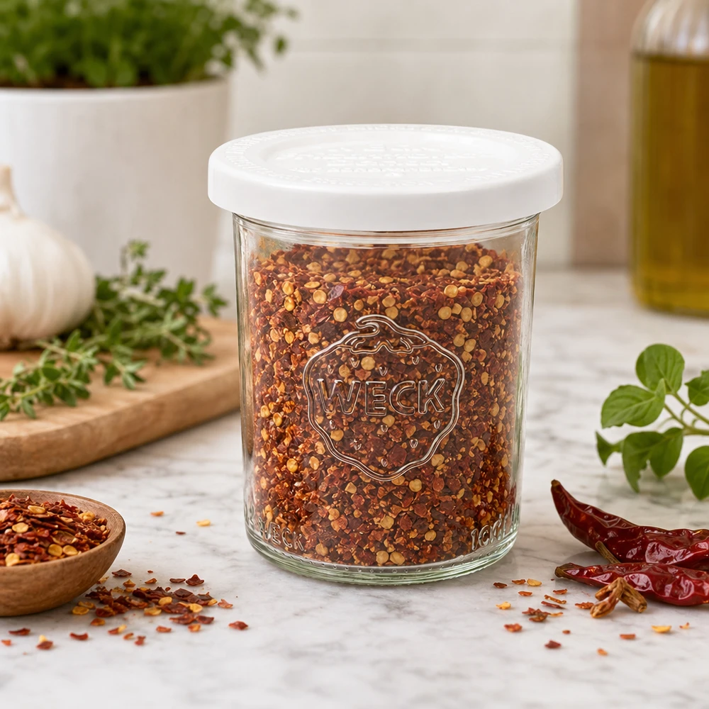 Vaso de cristal de 160 ml con tapa hermética WECK RR60 WECK 160ml Sturzglas RR60 mit Chili-Gewürzmischung gefüllt als Gewürzdose in moderner Küche mit Kräutern