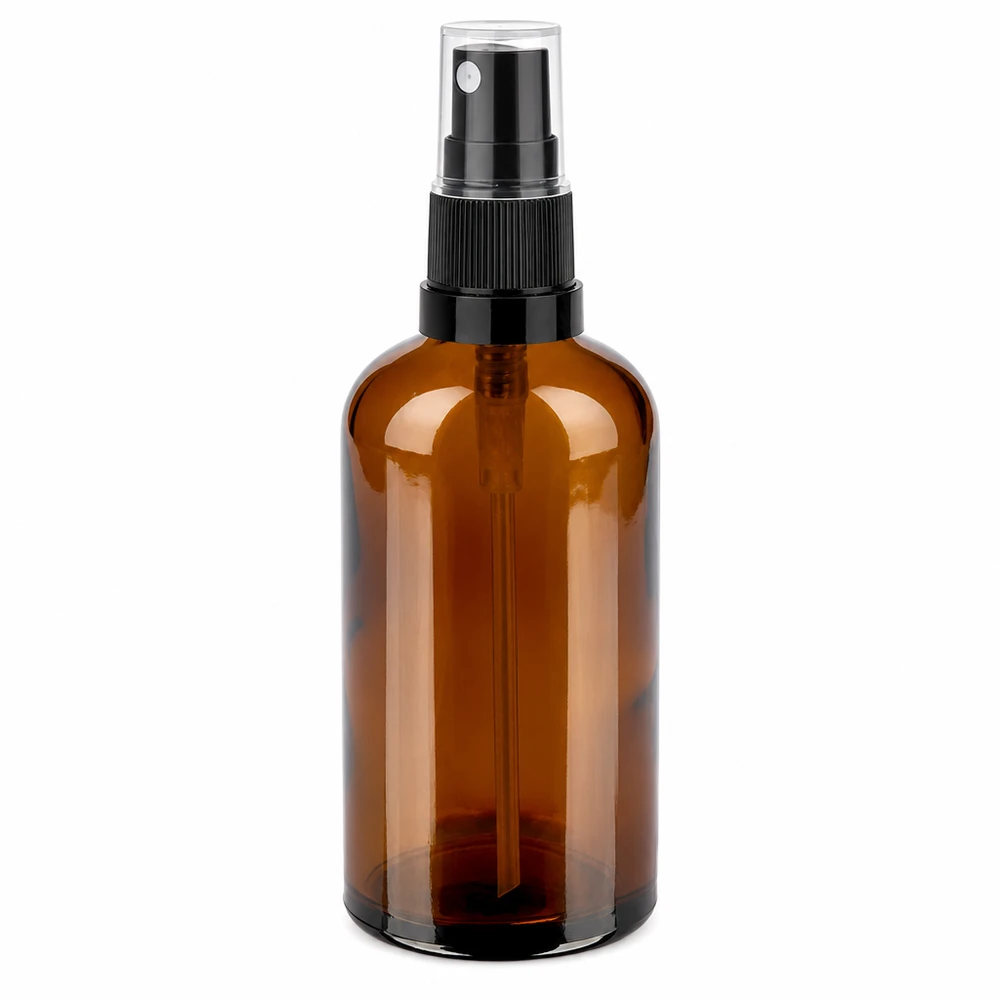 Frasco pulverizador de 100 ml de vidrio marrón con atomizador negro para cosméticos y aceites esenciales