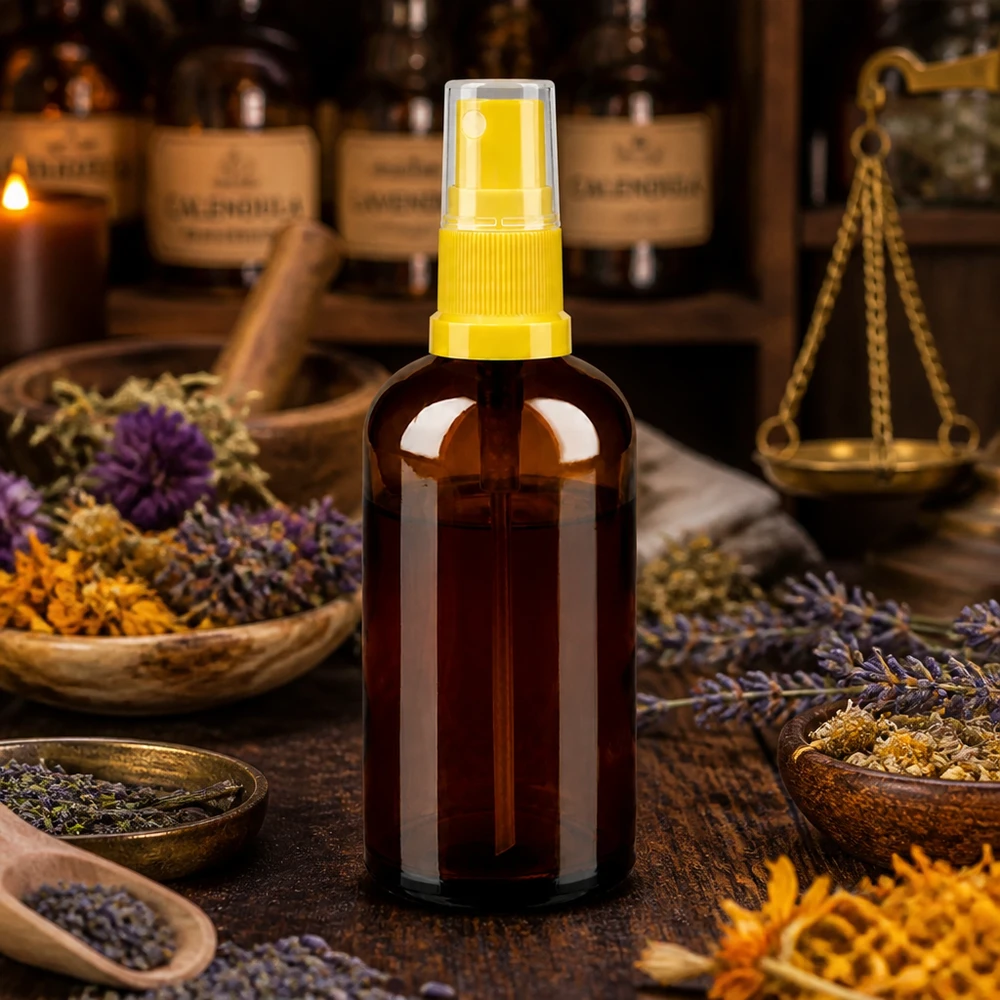 Frasco pulverizador de 100 ml amarillo/transparente con tapón estándar BrownLine UT18/100 Botella pulverizadora de alta calidad de 100 ml de vidrio ámbar con protección UV y cabezal pulverizador amarillo ergonómico