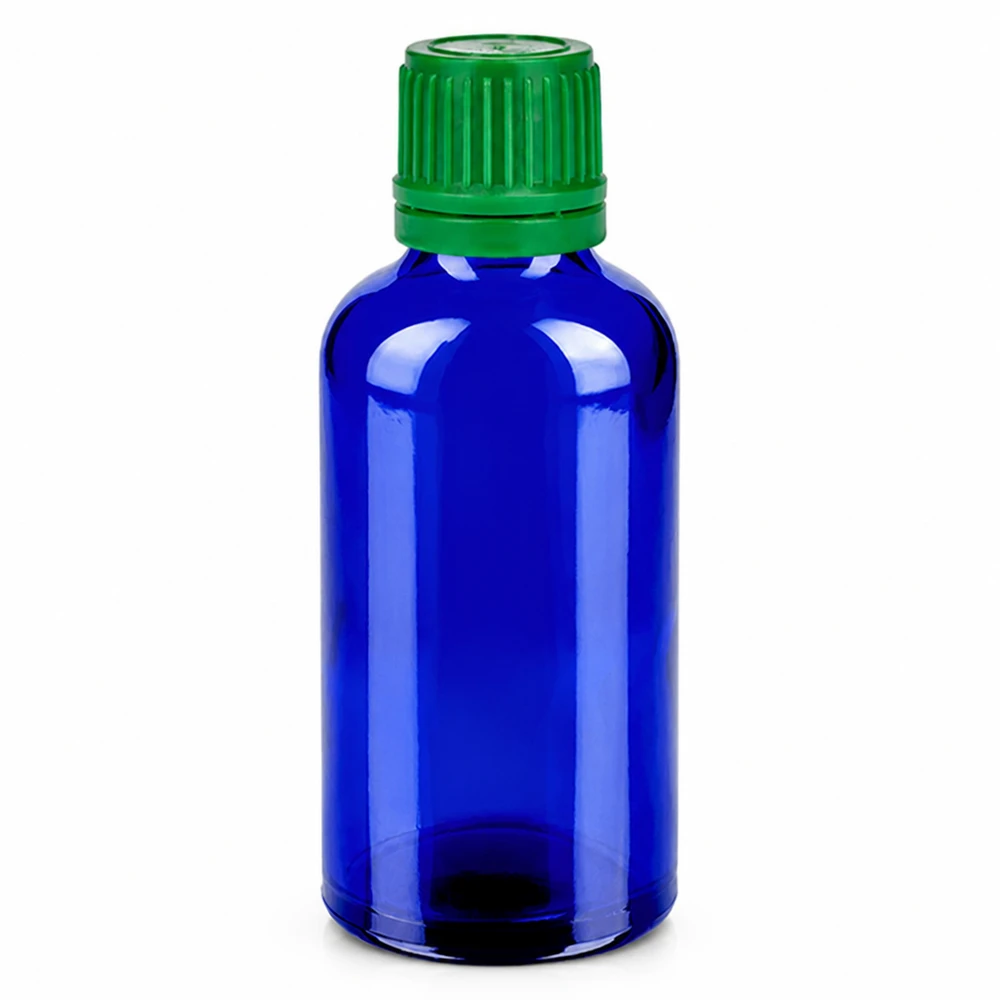 Frasco de vidrio azul de 50 ml con tapón de rosca verde para aceites esenciales y cosméticos