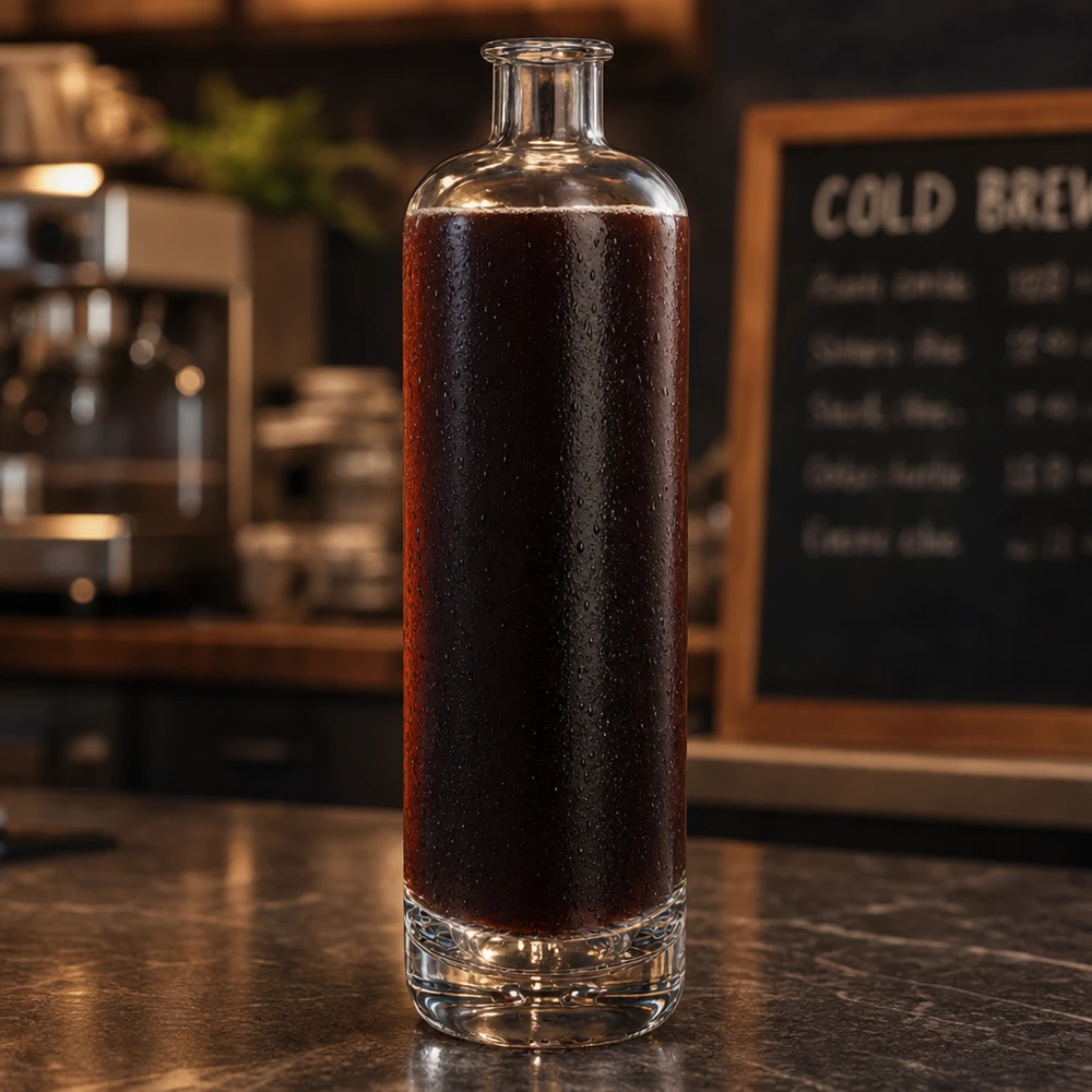 Botella de cristal de 700 ml de Ella UNiTWIST llena de café cold brew sobre el mostrador de una cafetería oscura con un tablón de menús al fondo.
