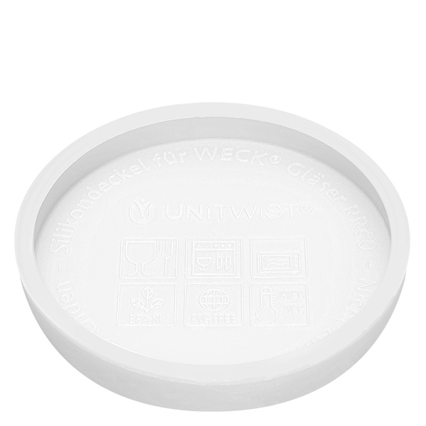 Tarro tulipán WECK 370ml con tapa de silicona blanca Tapa de silicona blanca UNiTWIST para tarros WECK RR80 parte inferior con relieve del fabricante y nombre del producto