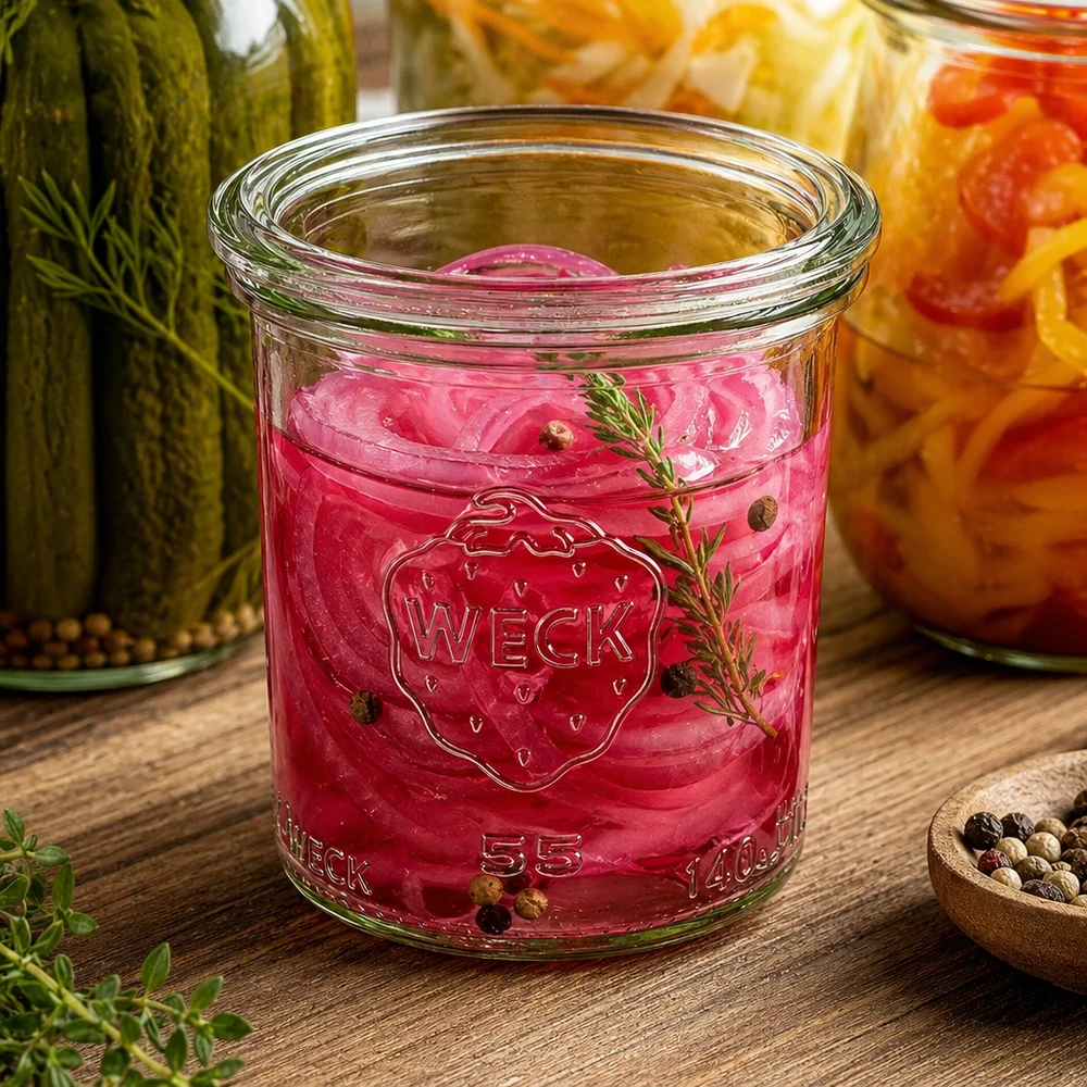WECK Tarro de cristal de 140 ml con tapa de cristal RR60 | Calidad superior WECK Sturzglas 140ml RR60 mit eingelegten roten Zwiebeln Kräutern Pfefferkörnern neben anderen Einmachgläsern