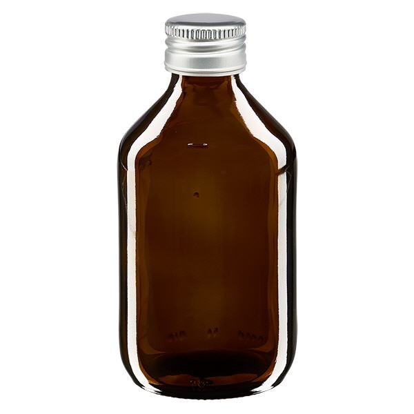 Frasco de 250 ml marrón con tapón de aluminio plateado ApoGlas Frasco de 250 ml marrón con tapón de aluminio plateado ApoGlas