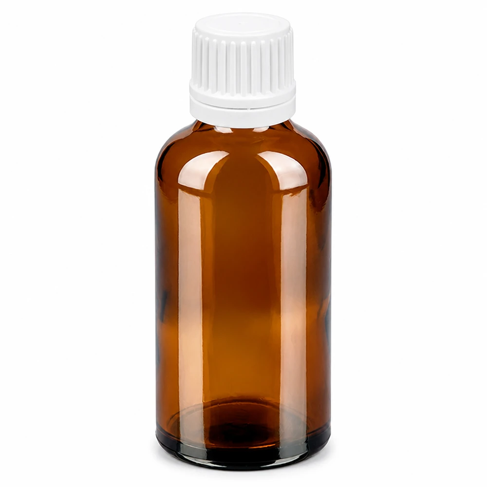 Frasco gotero 50ml 0.7mm blanco cierre inviolable BrownLine UT18/50 Frasco cuentagotas de 50 ml de color marrón con tapón blanco y abertura dosificadora de 0,7 mm para una aplicación precisa