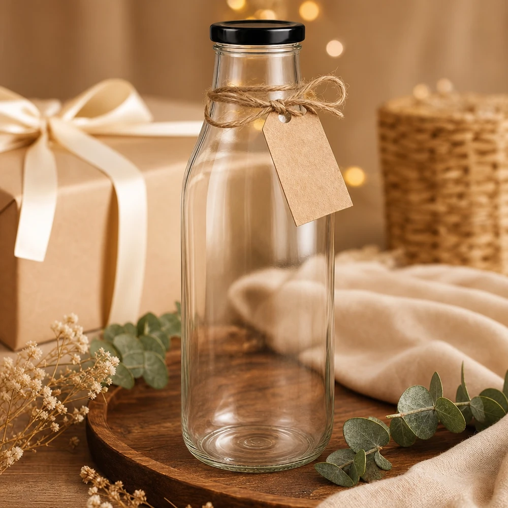 Botella de cristal de 1000 ml con tapa negra de regalo decorada con cinta de rafia y etiqueta de papel kraft