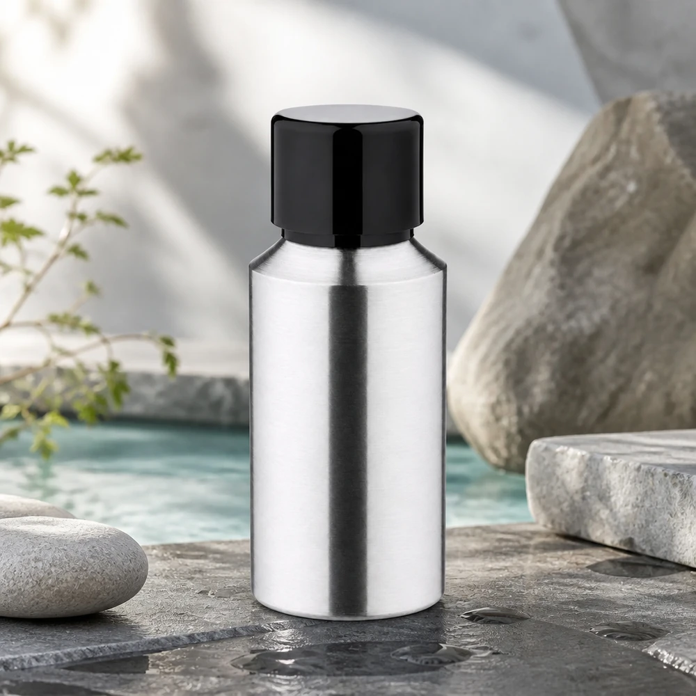 Botella de aluminio pulido de 30 ml con tapón de rosca Elegante botella de aluminio de 30 ml con superficie brillante y tapón negro para una presentación profesional