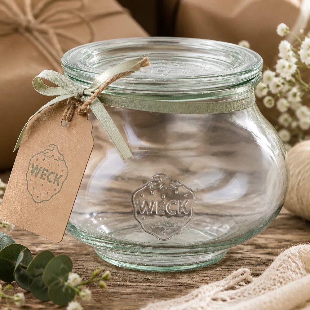 Frasco decorativo de 560 ml con tapa de cristal WECK RR80 Tarro de joyas WECK de 560 ml con cinta de raso verde y colgante sobre mesa de madera decorada con flores y encaje