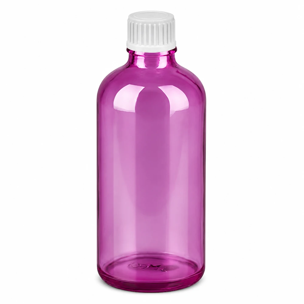 Frasco cuentagotas de 100 ml púrpura transparente con tapón blanco y tapón cuentagotas de 0,9 mm
