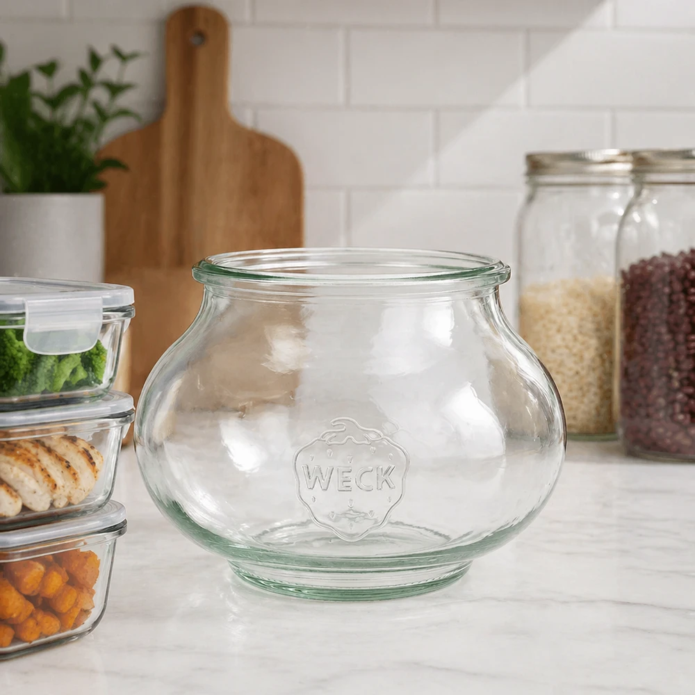 Tarro joyero WECK 560ml RR80 en una cocina moderna entre tarros de almacenaje y tarros de cristal sobre una encimera blanca