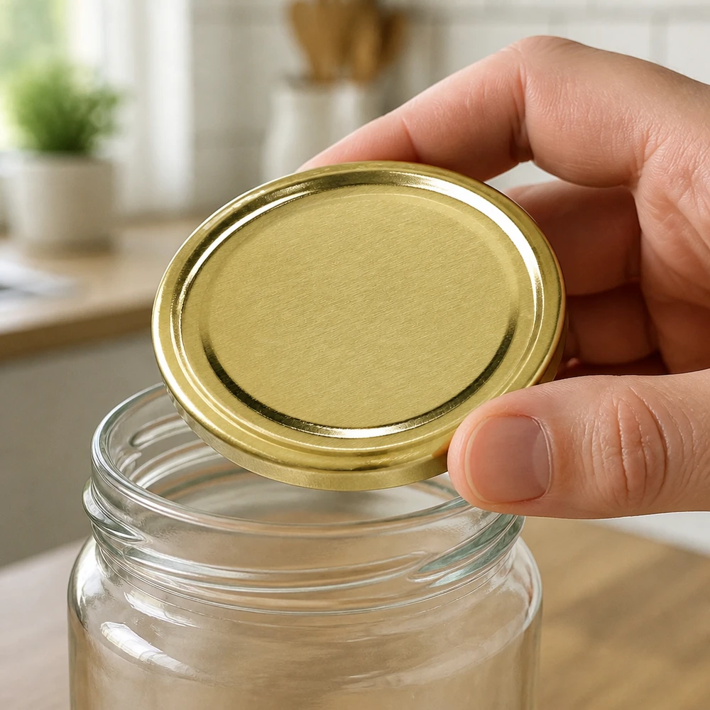 Se coloca una tapa metálica redonda para conservas de 66 mm, de color dorado, sobre un tarro vacío