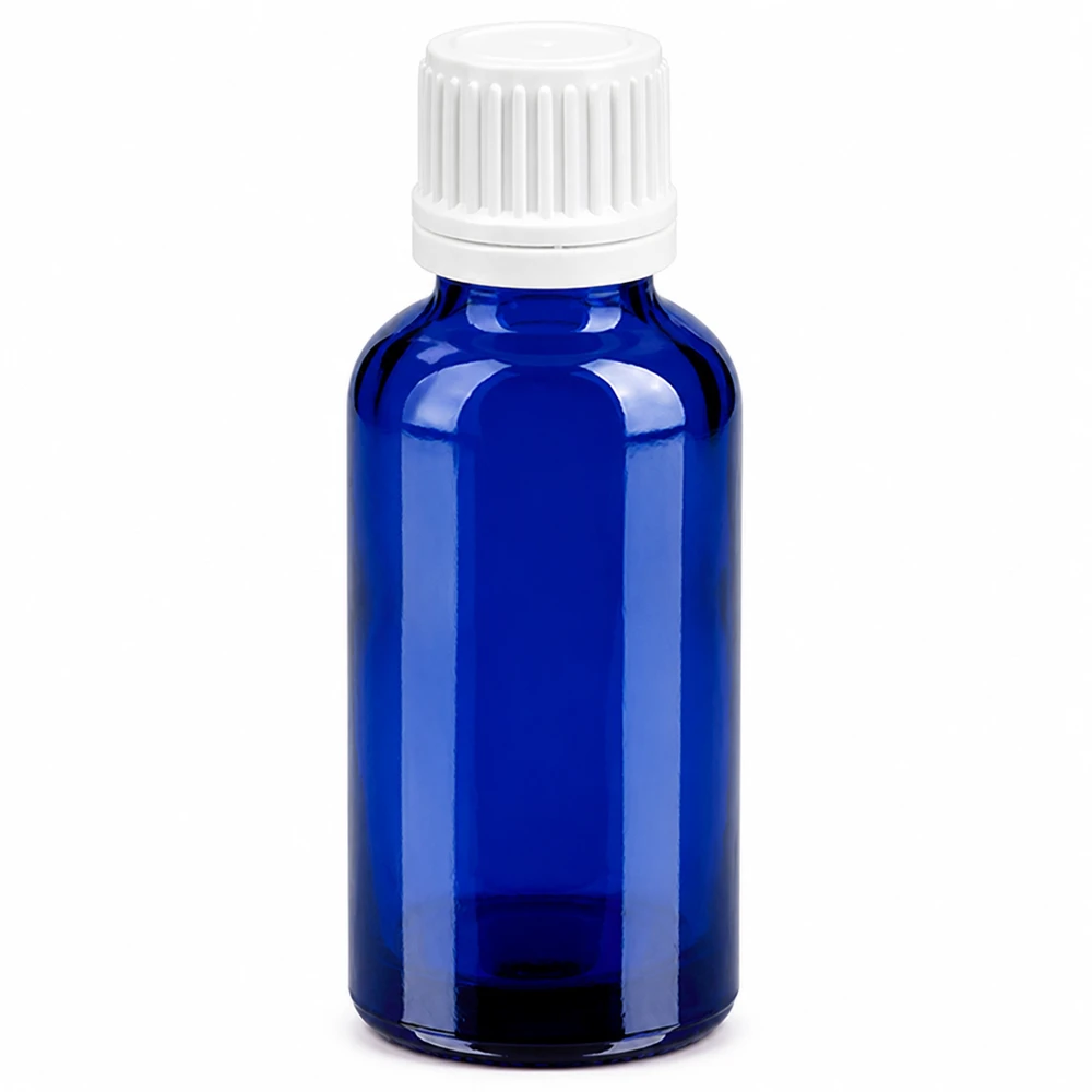 Frasco 30ml tapón rosca 11mm blanco cierre inviolable BlueLine UT18/30 Frasco de vidrio azul de 30 ml con tapón de rosca blanco para aplicaciones por goteo