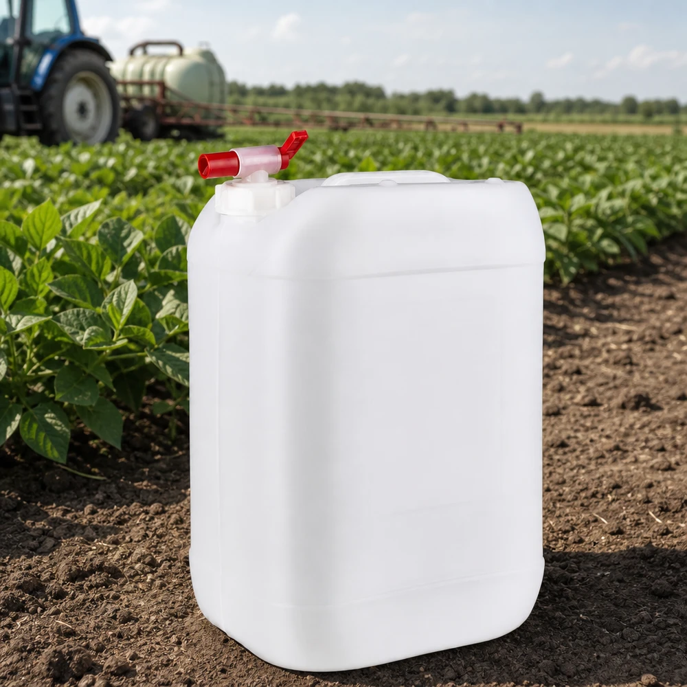 Bidón agrícola de 25 litros con grifo de salida en un campo de cultivo, junto a un tractor con pulverizador agrícola