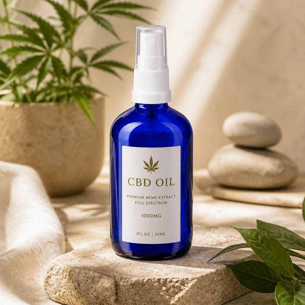 Botella de farmacia azul 100ml tapón de rosca blanco Botella pulverizadora azul de 100 ml, de cristal de farmacia, con cabezal pulverizador blanco, para aceite de CBD y cosmética natural