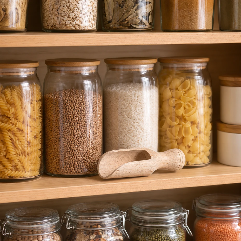 Pala de madera de 7,5 cm en estante de almacenamiento con tarros llenos de arroz pasta y especias práctico utensilio de cocina accesorio