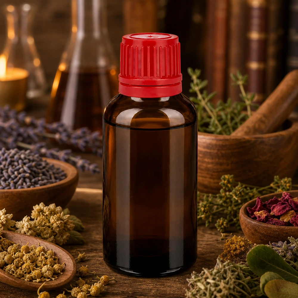 Botella 30ml tapón rosca 11mm rojo cierre inviolable BrownLine UT18/30 Frasco compacto de vidrio ámbar de 30 ml con tapón rojo a prueba de niños para extractos de hierbas y esencias