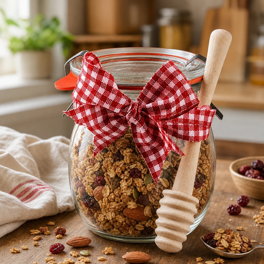 WECK-Mini-Tulpenglas 220ml komplett mit Honiglöffel Tarro tulipán WECK 220ml relleno de muesli y frutos secos, decorado con lazo a cuadros rojos y blancos y cuchara de miel