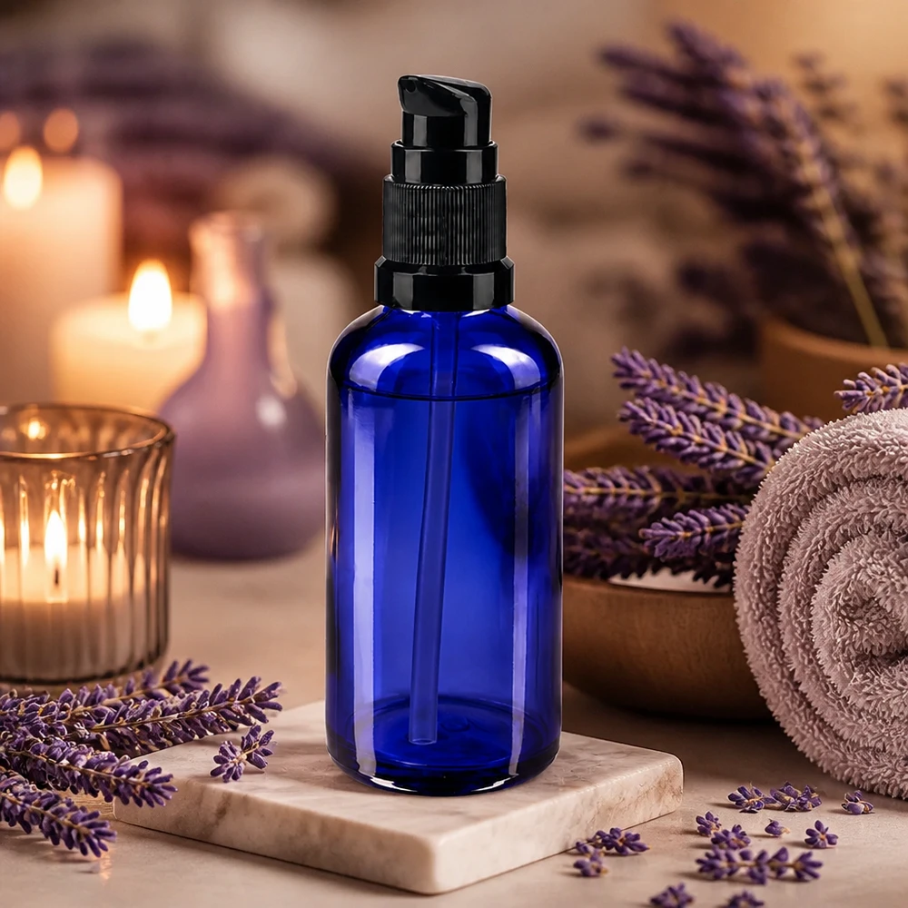 Frasco azul de 50 ml con dosificador, fabricado en vidrio de farmacia, con cabezal de dosificador negro sobre una base de mármol