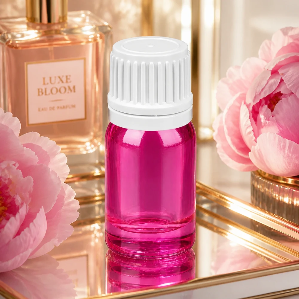 Frasco de alto brillo de 5 ml en violeta con tapón blanco para aceites de perfume de lujo