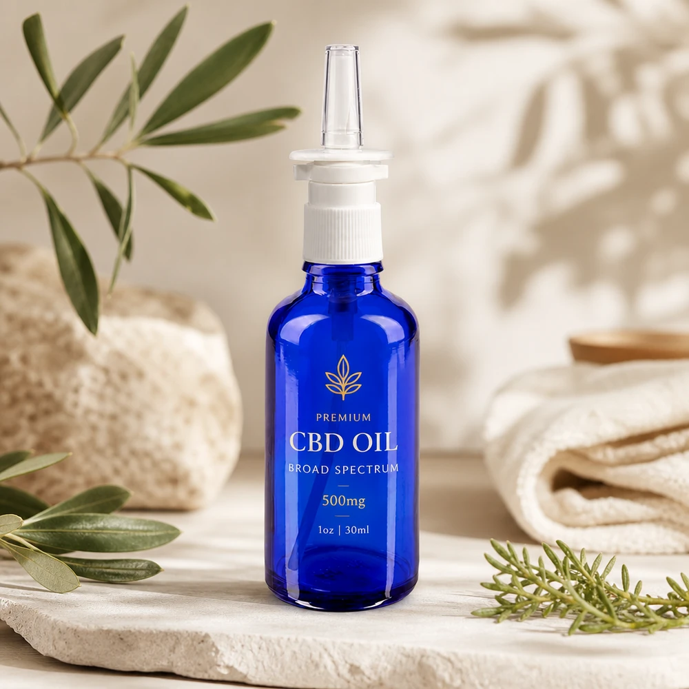 Frasco de cristal azul cobalto de 50 ml con dosificador blanco y boquilla transparente. Calidad farmacéutica.