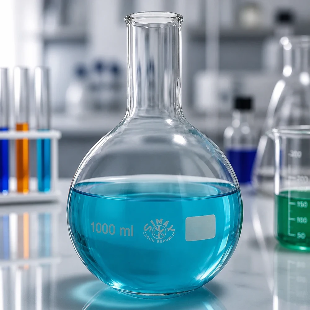 Matraz Erguido 1000ml cuello estrecho Frasco de pie 1000ml cuello estrecho con líquido azul en un entorno de laboratorio profesional
