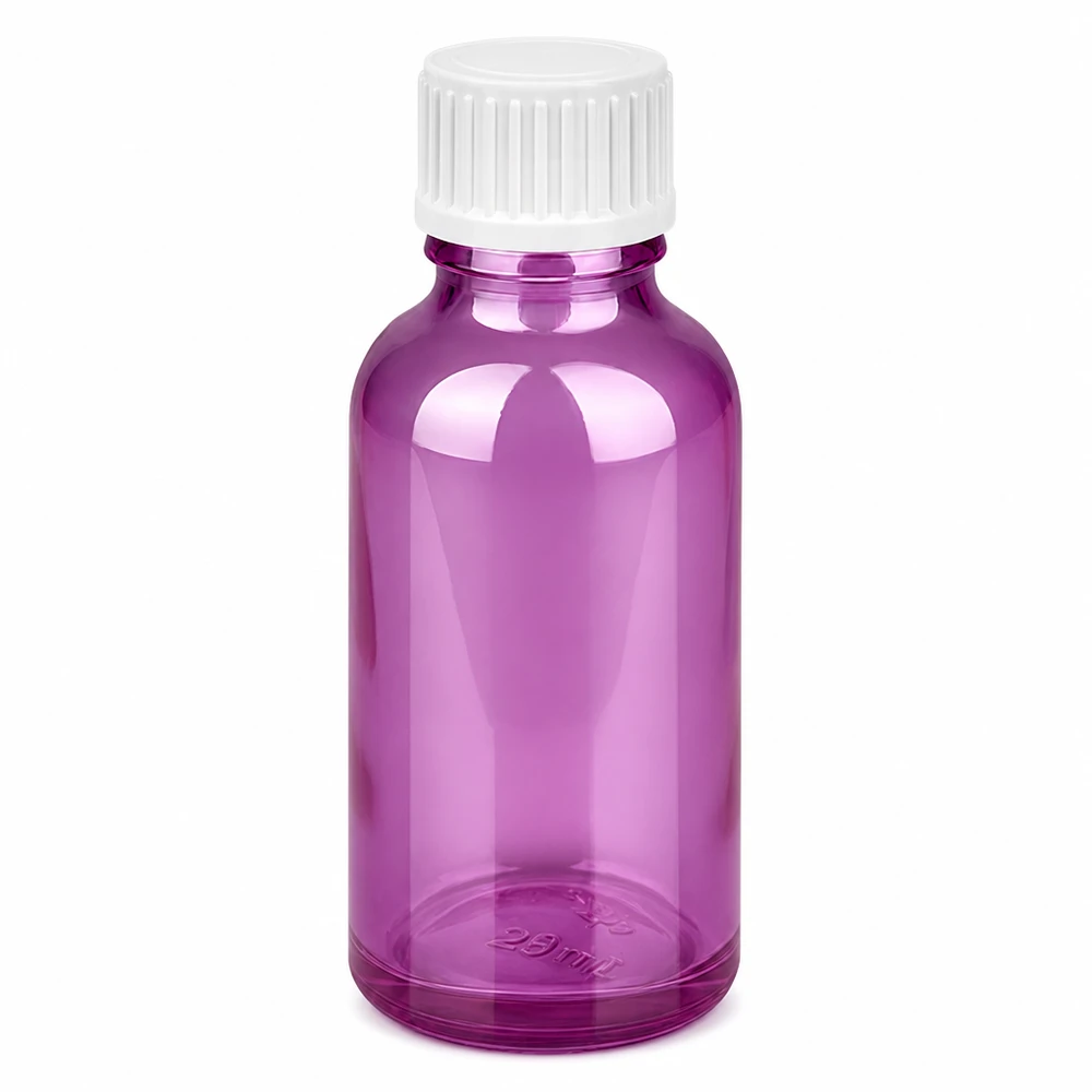 Frasco de vidrio de 30 ml de color violeta brillante con tapón de rosca blanco para aceites esenciales