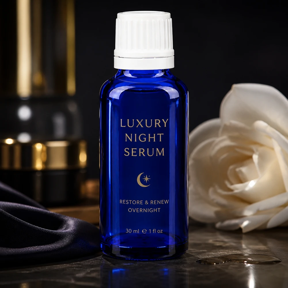 Lujoso frasco cuentagotas ApoGlas azul de 30 ml con tapón de seguridad blanco para sérum nocturno