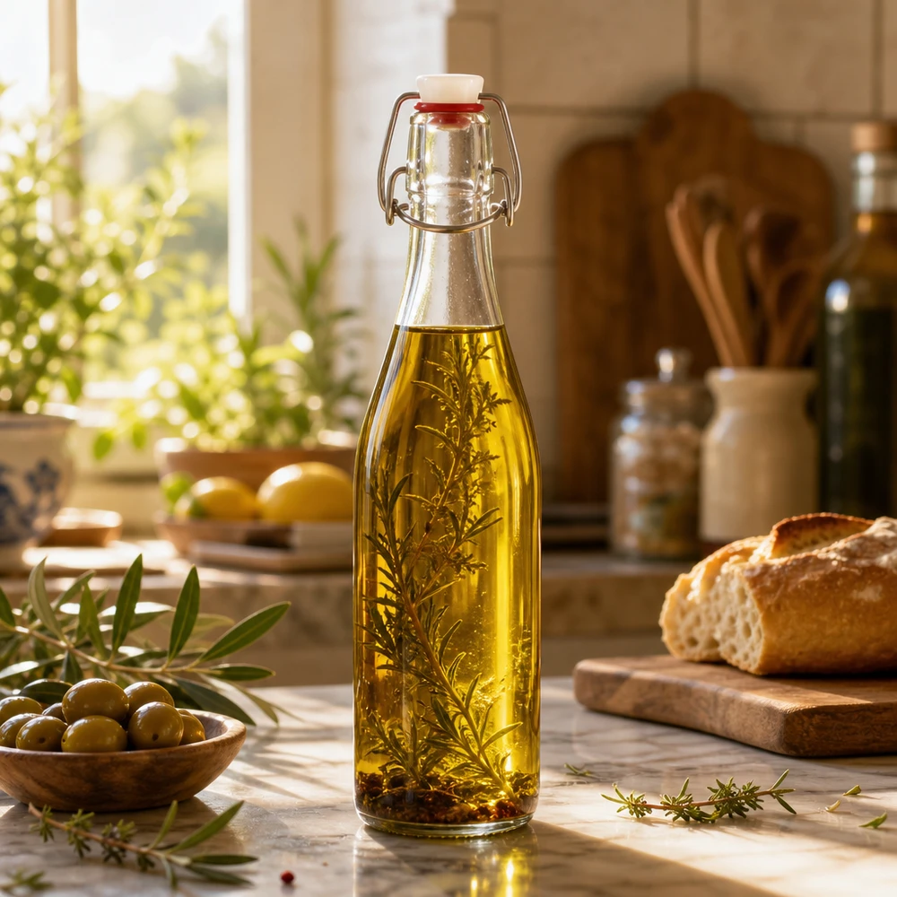 Botella de cristal de 500 ml con tapa oscilante llena de aceite de hierbas romero cocina mediterránea almacenamiento de aceite de especias
