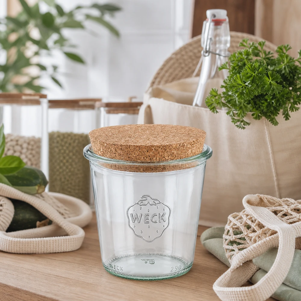 Vasos WECK 290ml RR80 con corcho natural en cocina sostenible de residuo cero entre botellas reutilizables y bolsas de tela