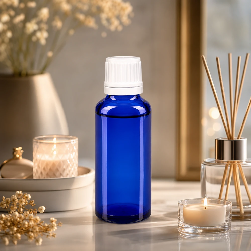 Frasco de cristal azul de 30 ml con tapón cuentagotas blanco sobre mármol, junto a velas y un difusor de varillas