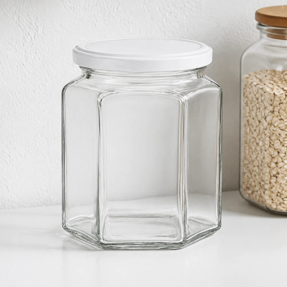Tarro de miel hexagonal vacío de 400 g con tapa blanca junto a un tarro de almacenamiento con copos de avena en una estantería de cocina blanca.