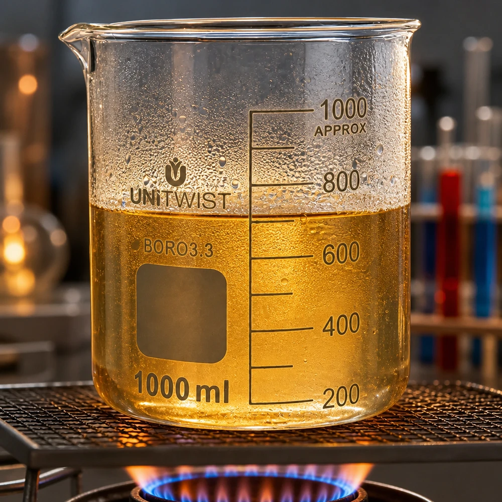 Vaso 1000ml borosilicato, molde bajo UNiTWIST Vaso de borosilicato UNiTWIST de 1000 ml sobre un quemador de gas con un líquido de color amarillo dorado a los 600 ml