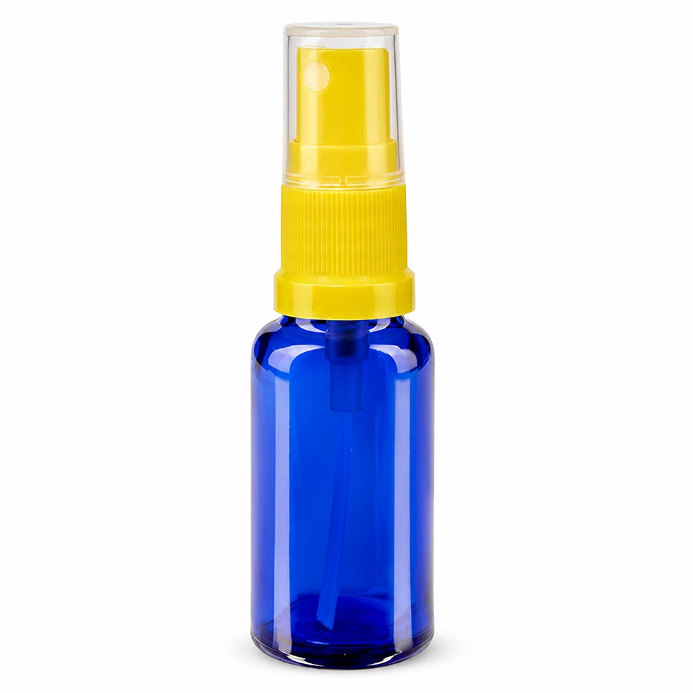 Frasco pulverizador de cristal azul de 20 ml con pulverizador amarillo y tapón protector transparente ApoGlas STD