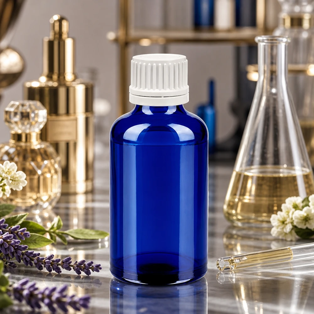Frasco cuentagotas de cristal azul de 50 ml con tapón de rosca blanco para aplicaciones profesionales de aromaterapia