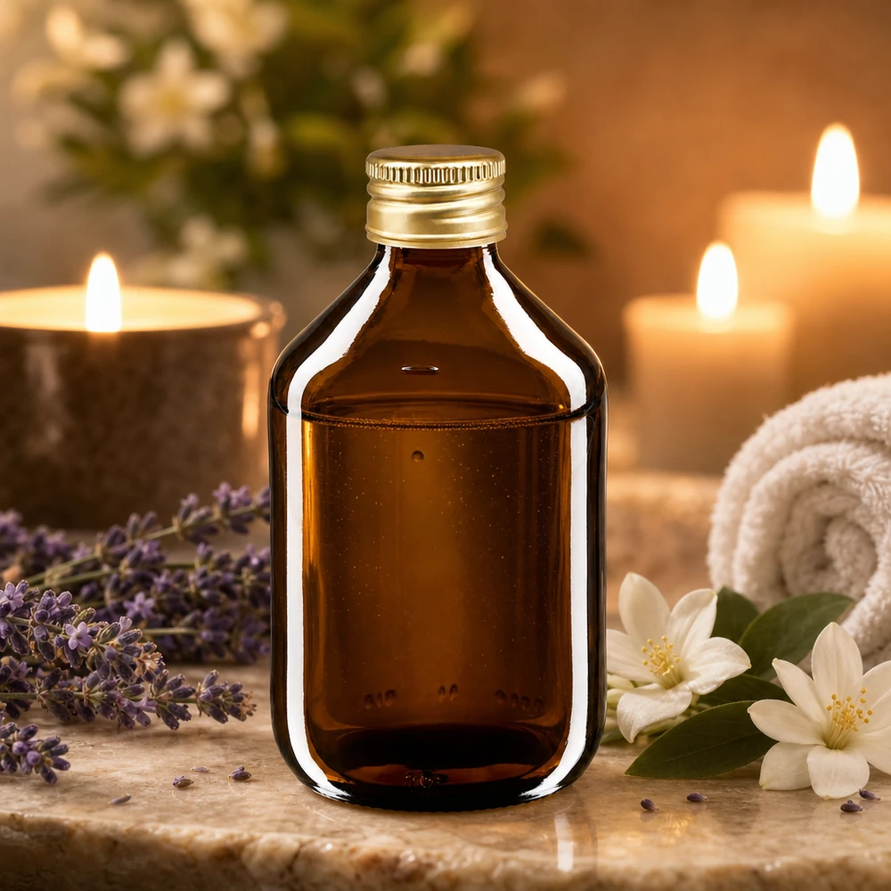 Frasco medicinal marrón oscuro de 300 ml con elegante tapón de aluminio ideal para aromaterapia