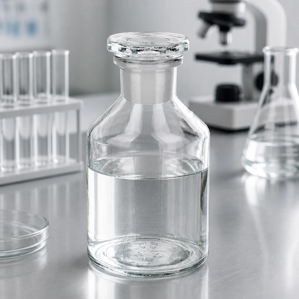 Frasco de laboratorio pequeño de 50 ml con cuello estrecho y tapón esmerilado sobre una mesa de acero inoxidable