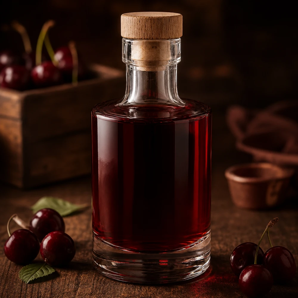 Botella de cristal de 200 ml Marie con relleno de licor de cereza rojo oscuro, tapón de corcho de madera, decorada con cerezas frescas sobre una base de madera.