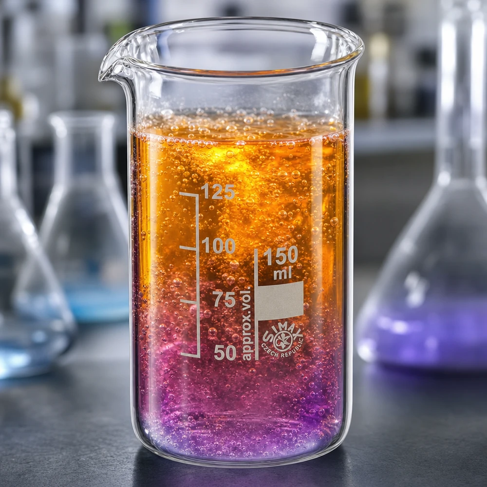 Vaso de precipitados de 150 ml, de forma alta, con líquido de reacción de color naranja y violeta en el laboratorio