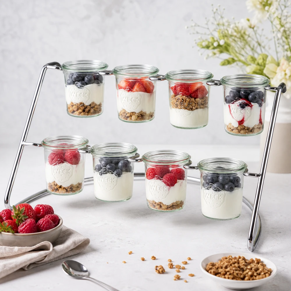 Flato8 sirviendo parfait de yogur y frutas del bosque en tarros WECK como buffet de postres en un plato de mármol blanco