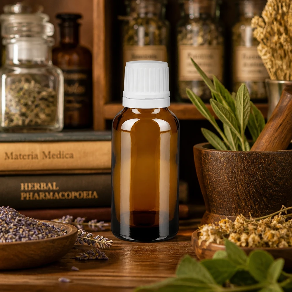 Frasco de farmacia de 20 ml de vidrio ámbar con un dosificador preciso de 0,7 mm para hierbas y plantas medicinales