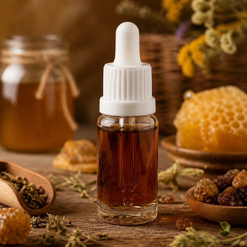 Extracto de miel de color ámbar en un frasco con pipeta de 10 ml, modelo OV ClearLine UT18/10, rodeado de panales de abeja