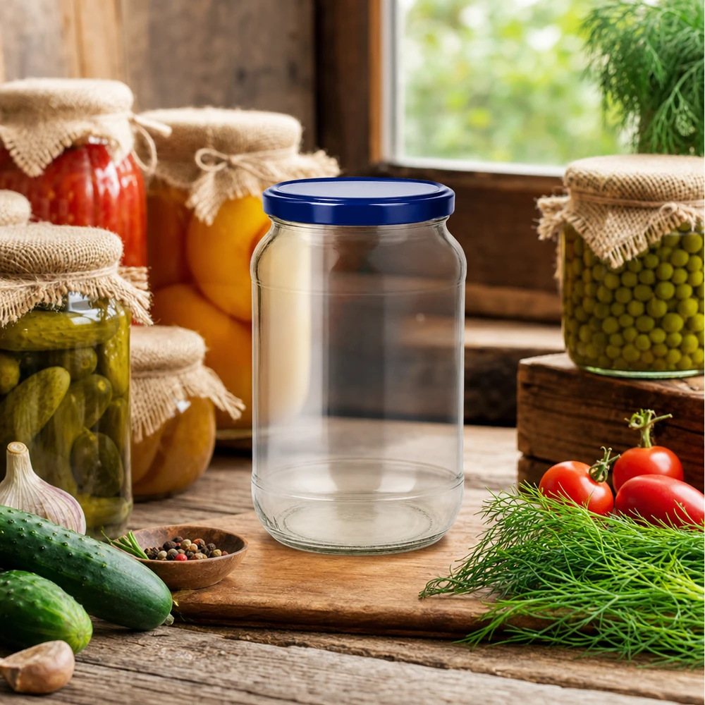 Tarro redondo 1062ml + tapa BasicSeal azul UNiTWIST 1062ml tarro redondo BasicSeal azul tapa UNiTWIST vacío entre tarros de conserva verduras escena de cocina tarro de conserva