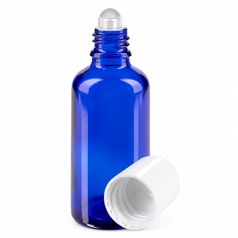 Botella de farmacia azul 50ml tapón roll-on blanco Frasco azul de 50 ml con aplicador de bola, fabricado en vidrio de farmacia, con tapón blanco y aplicador de bola