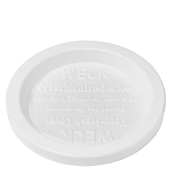 Vaso de 165ml con tapa de frescura WECK RR80 Tapa de frescor WECK RR80 blanca para tarro cilíndrico de 1040 ml Vista detallada de la parte inferior con el relieve y el logotipo del producto